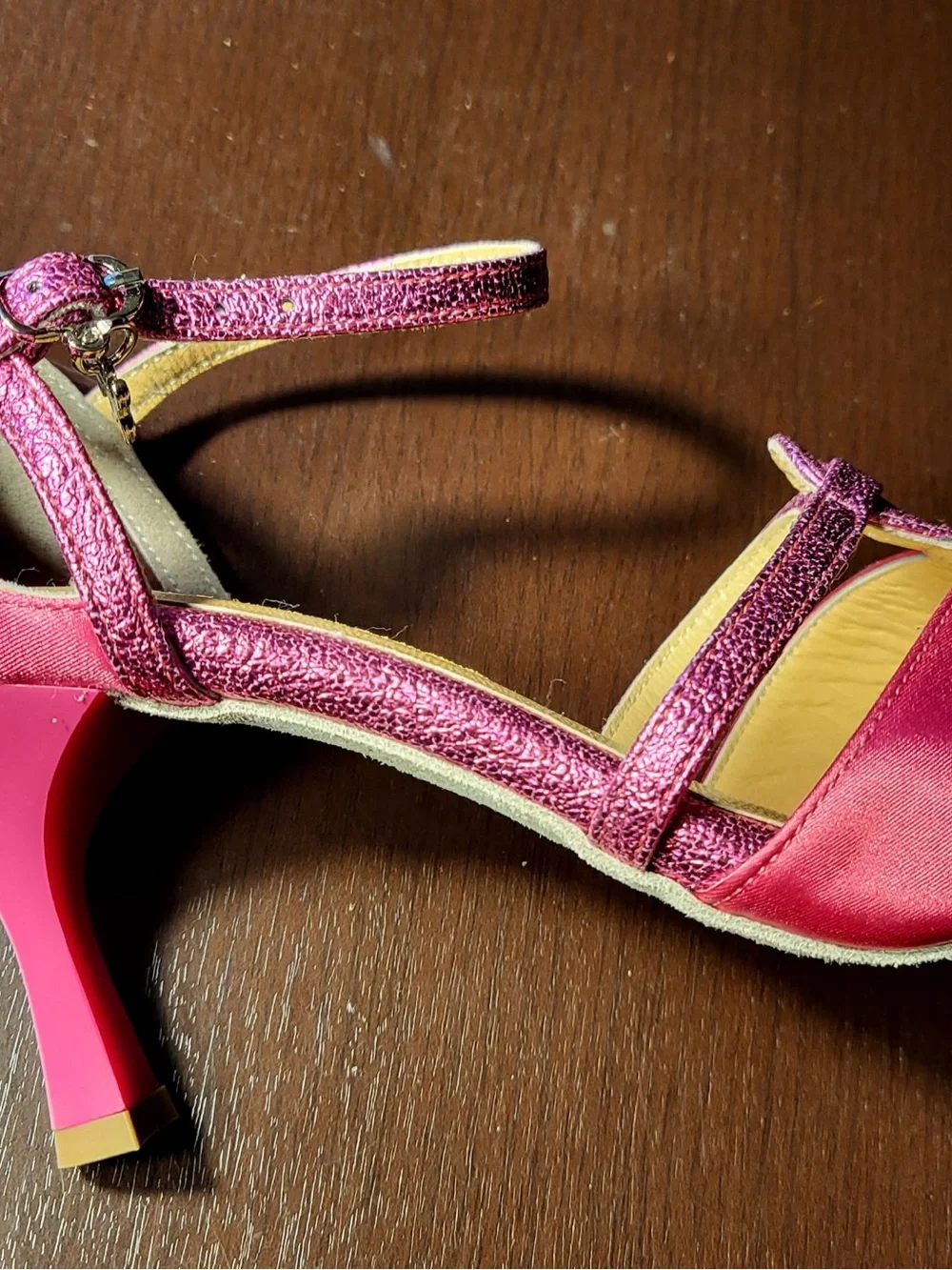 Fuchsia Satin Open-Toe Heels with Glitter Straps